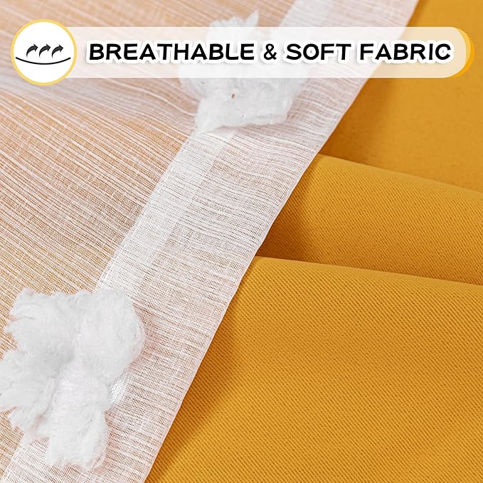 MYSKY HOME Yellow Curtains for Living Room Nursery Curtains 84 Inch Long Double Layer Curtains for Kids Room White Pom Pom Sheer Blackout Grommet Room Darkening Window Curtains 2 Panels Set 52" x 84"