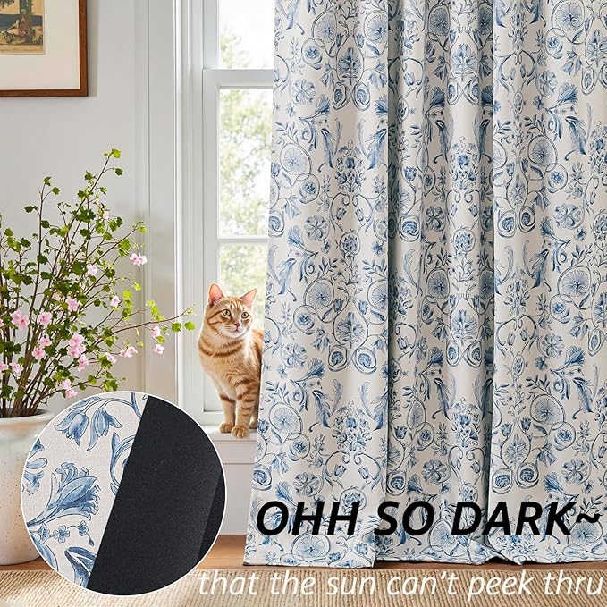 jinchan Floral Blackout Curtains for Bedroom Living Room 63 Inches Length Farmhouse Curtains Room Darkening Vintage Short Drapes Traditional Rod Pocket Window Treatment 2 Panels Set Blue on Beige