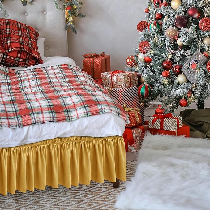 Biscaynebay Wrap Around Bed Skirts for Queen Beds15 Drop, Christmas Gold Adjustable Elastic Dust Ruffles Easy Fit Wrinkle & Fade Resistant Silky Luxurious Fabric Machine Washable