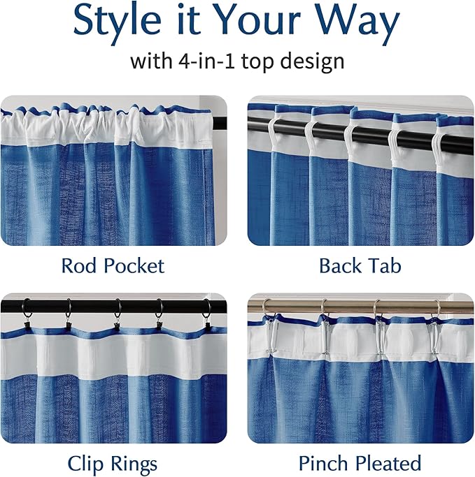 FMFUNCTEX Linen Semi Sheer Curtains 84 Inches Long for Bedroom, Navy Blue Pinch Pleated Curtains for Living Room, Light Filtering Farmhouse Window Drapes Rod Pocket Back Tab 2 Panels Set