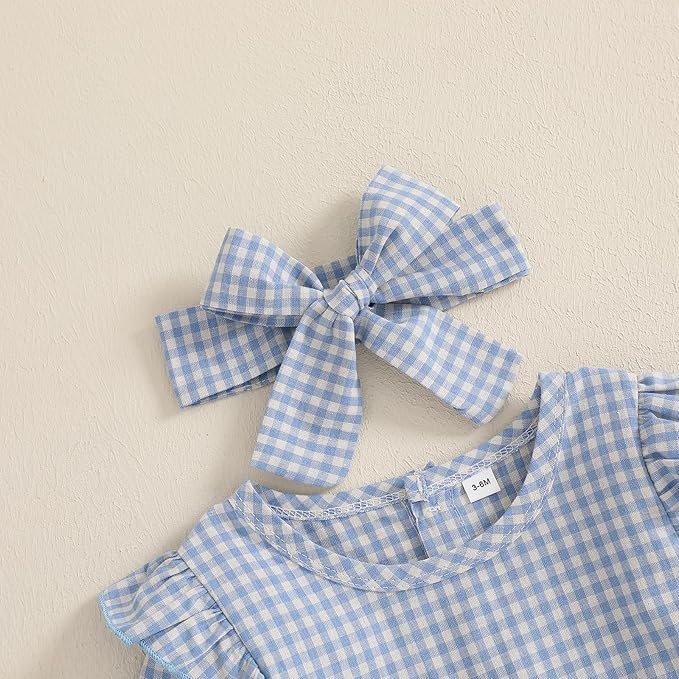 Karuedoo Newborn Baby Girl Clothes Gingham Plaid Bubble Romper Long Sleeve Ruffle Bodysuit with Headband Spring Fall Outfit