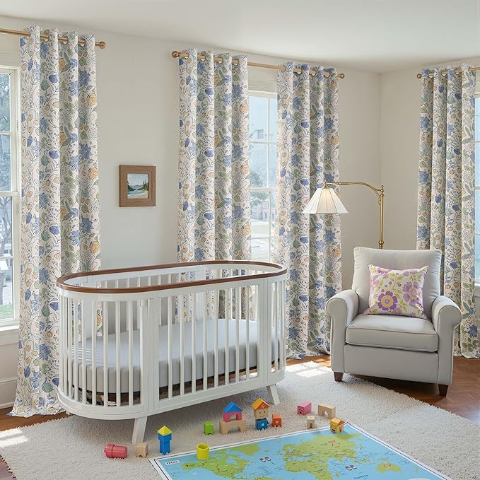 jinchan Nursery Curtains 95% Blackout Blue Floral Curtains for Kids Room, 84 Inch Length Farmhouse Drapes for Bedroom Living Room Darkening Window Treatment Grommet Top Set of 2 Panels
