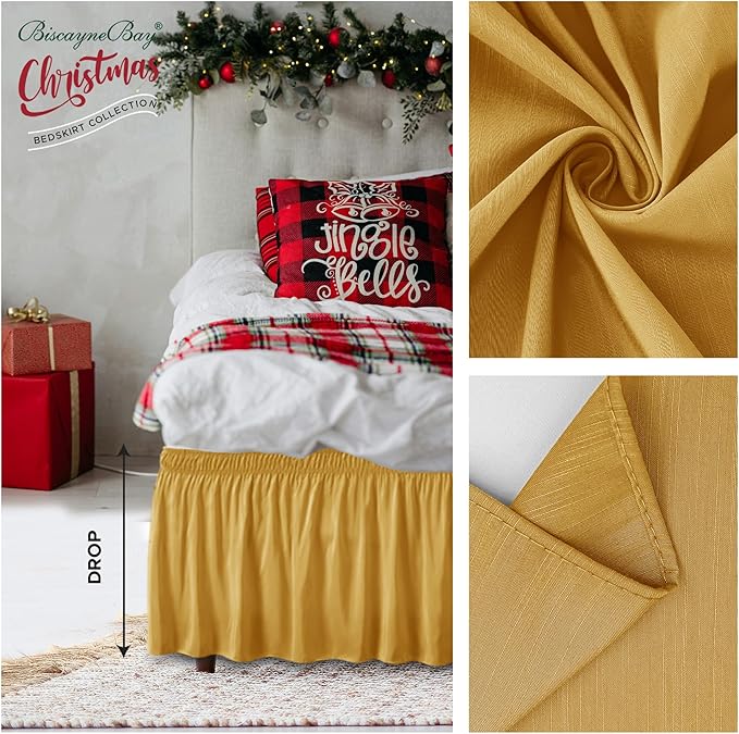 Biscaynebay Wrap Around Bed Skirts for King & Cal King Beds 17" Long Drop, Gold Adjustable Elastic Dust Ruffles Easy Fit Wrinkle Resistant Silky Luxurious Fabric Machine Washable