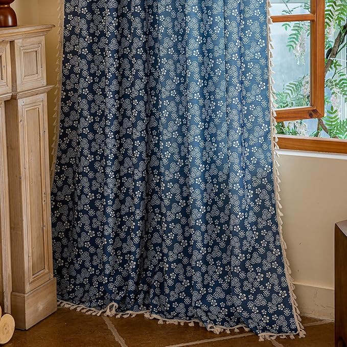ENJOYBRIDAL White Floral Curtains 84 Inch Long Semi Sheer Navy Blue Drapes Decor Farmhouse Bedroom Tassel Window Curtains 2 Panel Sets Boho Rod Pocket Living Room Aesthetic Window Treatments