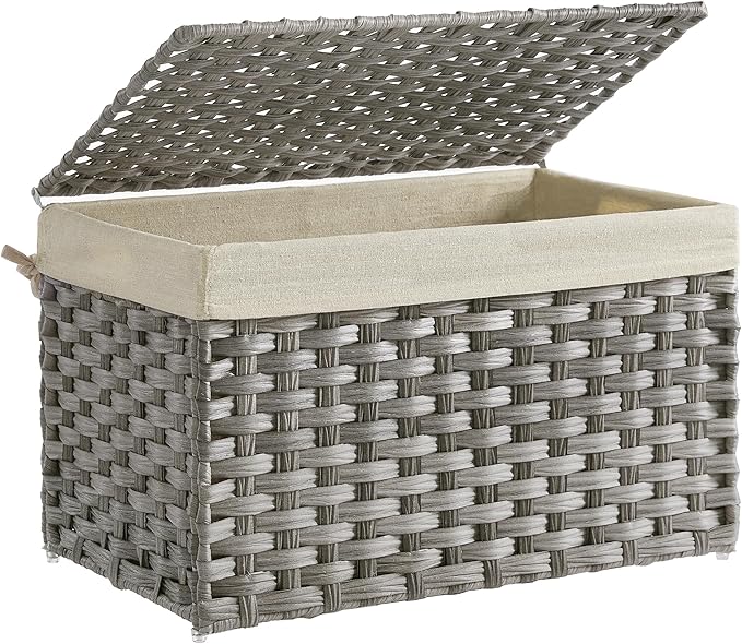 SONGMICS Storage Basket with Lid, 17.2 Gallon (65L) Storage Bin, Woven Blanket Storage Basket with Handles, Foldable, Removable Liner, Metal Frame, for Bedroom, Laundry Room, Gray URST56WG