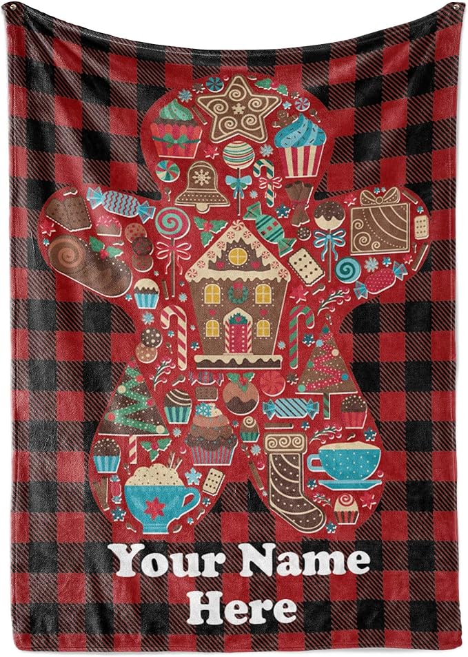 Custom Gingerbread Man Blanket - Ships Next Day, Printed in USA - Fleece or Sherpa Sofa Throw, Soft Christmas Bedding, Holiday Home Decor, Customizable Family Throws (Fleece 60x80)