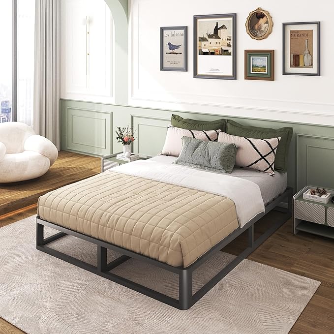 Upgrade Anti Bending and Round Corner Legs 10 inch Metal Full Bed Frame 3500 LBS Heavy Steel Slats Support Platform Bed Frames No Box Spring Needed Platform Noise Free Easy Assembly