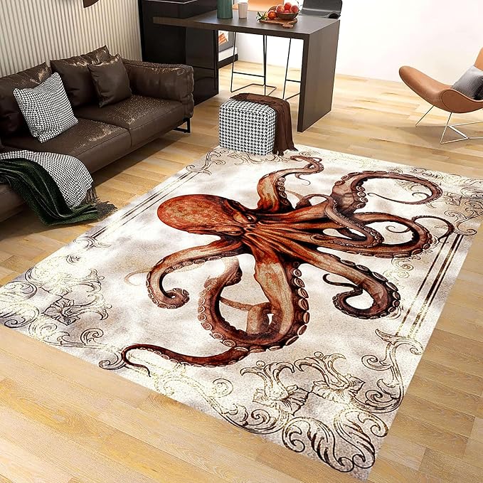 Octopus Area Rugs, 5x6ft, Vintage Ocean Octopus Print Indoor Throw Rug, Fade Resistant Durable No Crease Carpet, Rubber Backed Anti-Slip Printed Carpets for Bedside Dining Table