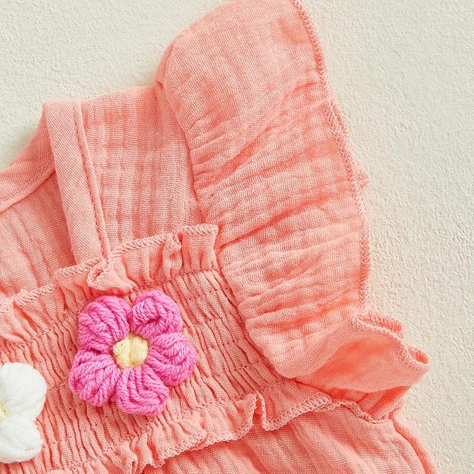 Gaono Newborn Baby Girl Smocked Bubble Romper Cute Boho Summer Clothes Ruffle Sleeveless Crochet Flower Vintage Bodysuit