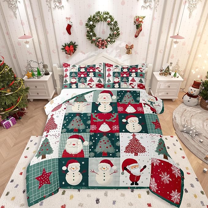 Feelyou Merry Christmas Comforter Set All Season Xmas Tree Snowman Bedding Set with 1 Pillow Cases Santa Claus Microfiber Kids Toddler Bedclothes Patchwork Bedroom Decor Duvet Quilt Breathable Soft