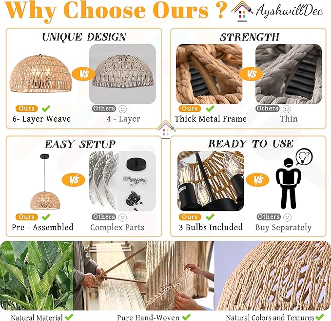 17.6 inch Hemp Rope Woven Pendant Light Wicker Pendant Light 3-light Rattan Light Fixture Boho Chandelier Farmhouse Chandelier Dome Pendants Light for Dining Room Bedroom Kitchen(Bulb Incl