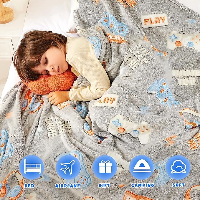 inhand Glow in The Dark Blanket Gaming Gifts for Boys Controller Kids Throw Gamer Blanket Gamer Toys for Kids Boys Game Gamepad Presents Birthday Easter Halloween Grey 40"x60"