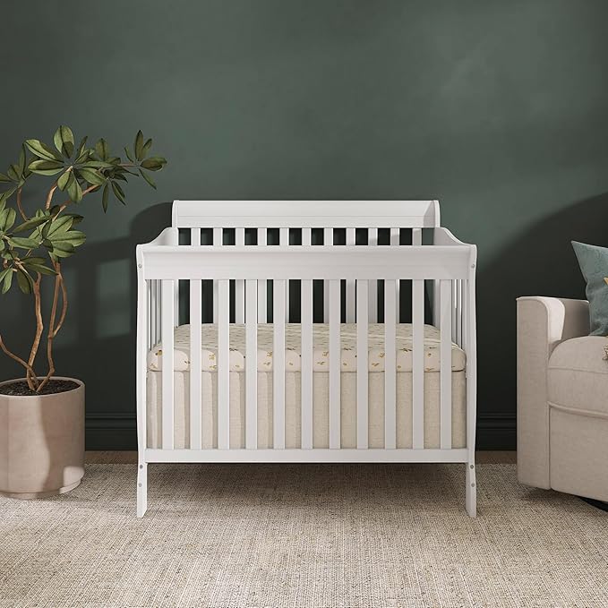 Dream On Me Aden 4-in-1 Convertible Mini Baby Crib in White, GreenGuard Gold & JPMA, Sustainable Pinewood, Non-Toxic Finish, 3 Mattress Heights, Converts to Mini Day & Twin-Size Bed