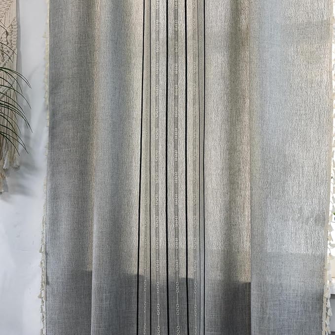 Deeprove Boho Style Curtains 84 inches Long, Vintage Bohemian Embroidery Striped Farmhouse Cotton Linen Fringe Window Treatments Bedroom Nursery Decor, W52 x L84, 1 Panel Dusty Grey and Stone Blue