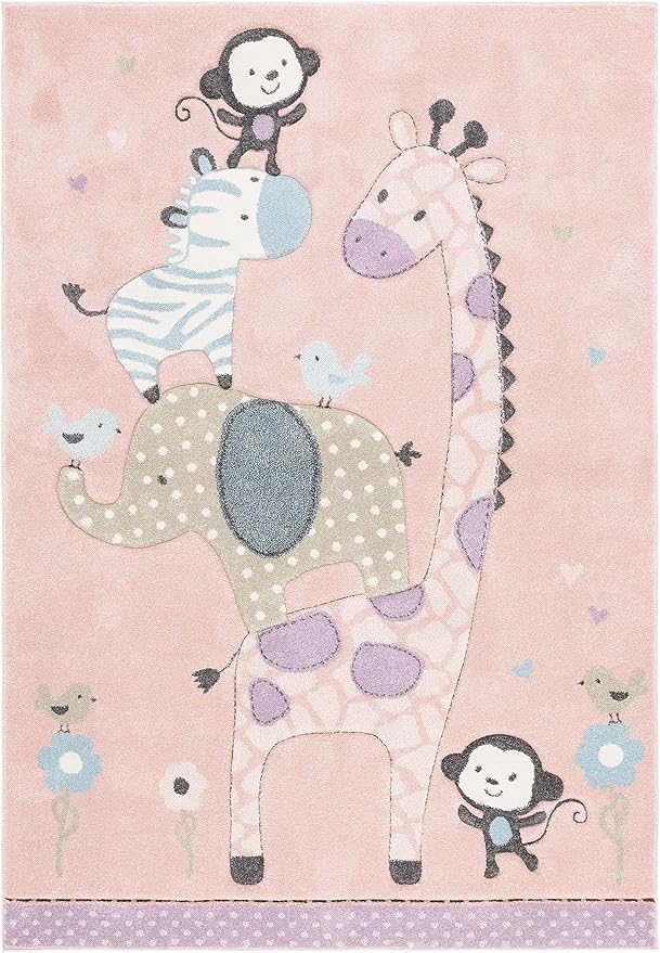 SAFAVIEH Area Rug 8x10 - Carousel Kids 100 Collection - Large - Blush Pink, Animal Design, Non-Shedding & Easy Cleaning, Ideal for Boys & Girls in Playroom, Nursery, Bedroom (CRK120U)