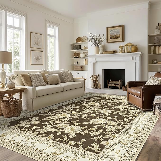 Brown Floral Print Area Rugs for Bedroom Living Room Boho Farmhouse Country Rustic Dining Room Carpet Soft Washable Rugs Non Slip Floor Covering for Nursery Playroom 8x10