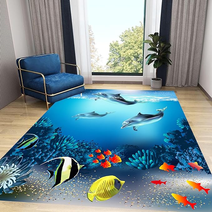 Sea Dolphin Indoor Area Mat, 5x8ft, Ocean Beach Coral Fish Bathroom Rug, Blue Ocean Theme Reduce Noise Home Decor Mat, Nursery Decor Washable Nonskid Carpet for Office Floor Sofa