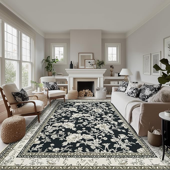 Large Black and Beige Area Rug 9x12 for Living Room Large Charcoal Cream Taupe Pattern Modern Boho for Bedroom Soft Vintage Area Rug Farmhouse Floral Carpet for Dining Room Guest Bedroom Home Decor