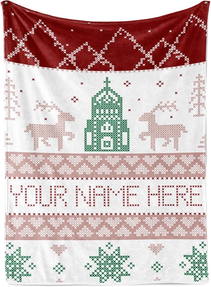 Custom Christmas Stitch Style Blanket - Ships Next Day from USA - Fleece or Sherpa, Soft Sofa Throw, Customizable Family Throws, Holiday Home Decor, Cozy Christmas Bedding (Fleece 50x60)