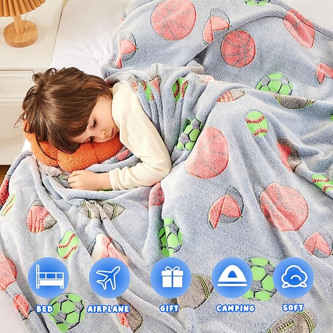 inhand Soccer Glow in The Dark Blanket Blanket Blue Soccer Gift Toys for Boys Girls Teen Soft Cozy Kids Throw Blanket Bedroom Decor,Christmas Easter Birthday Blue 40"x60"