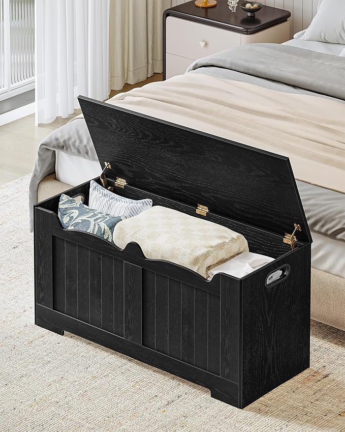 39.4" Storage Chest, Storage Bench Trunk with 2 Hinges,Wooden Box, Lift-Top Chest Organizer, Shoe Bench for Entryway, Bedroom, Living Room, Black SB01004X