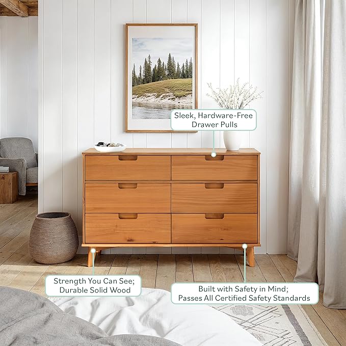 Walker Edison Sloane 6-Drawer Groove Handle Solid Wood Dresser, 52 Inch, Caramel