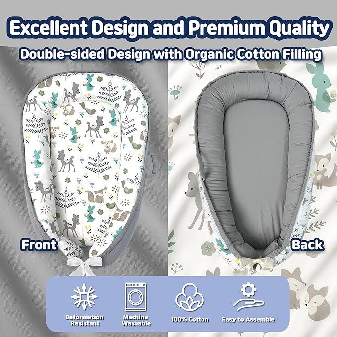 Baby Lounger for Newborn 0–24 Months, Baby Pillow & Baby Nest Lounger, Organic Cotton Breathable Infant Pillow, Portable Baby Nest for Home & Travel (Light Grey)
