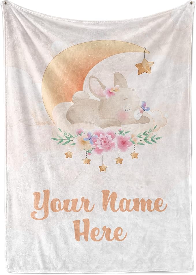 Personalized Baby Blankets with Name | Custom Rabbit Newborn Blanket for Baby Girl and Baby Boy | Unisex Warm Soft Fleece Swaddle Blanket Minky | (Bunny, Fleece 50"x60")