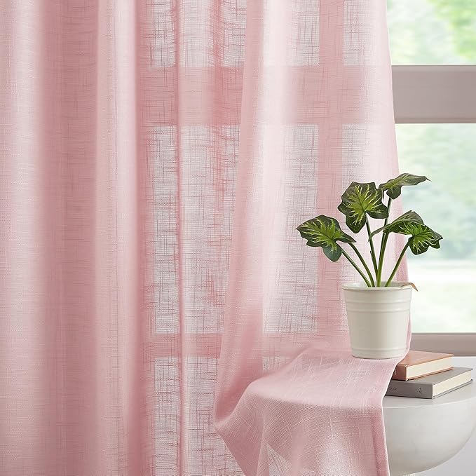 FMFUNCTEX Linen Semi Sheer Pink Curtains for Bedroom Living Room, Blush Pink Curtain Panels 63 Inch Length Sheer Linen Textured Window Drapes Farmhouse Light Filtering 2 Panels Rod Pocket