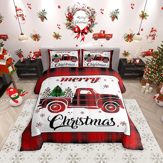 Manfei Xmas Truck Comforter Set Full Size, Christmas Tree Snowflake Print Bedding Set 3pcs for Kids Boys Girls Bedroom Decor, New Year Theme Red Plaid Print Quilt Set with 2 Pillowcases