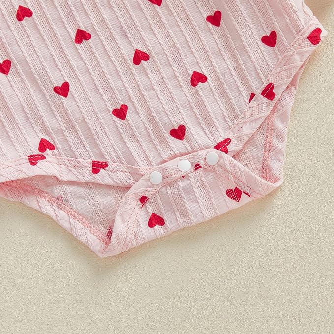 FIOMVA My First Valentines Day Outfit Clothes Baby Girl Romper Love Onesie Heart Embroidery Overalls Suspender Dress Set
