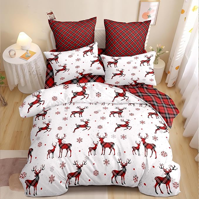 Christmas Duvet Cover Twin Size Red Gingham Christmas Deer Bedding Set 2 Pieces Kids Boys Girls Grid Checked Xmas Snowflake Elk Comforter Cover with Zipper Closure And 1 Pillowcase (No Comforter)