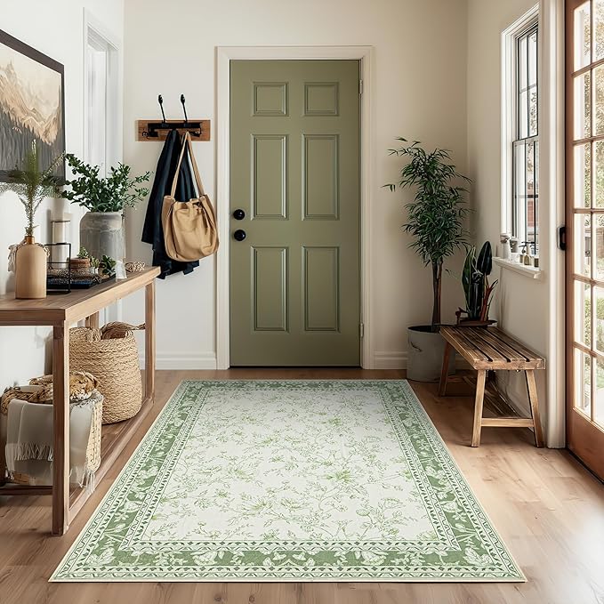 Green 4x6 Small Rug for Living Room Cream Beige and Sage Green Area Rug for Kitchen, Bedside, Dining Room, Laundry, Large Entryway Indoo Non Slip with Rubber Backing, Boho Aethestic Farmhouse D閏or