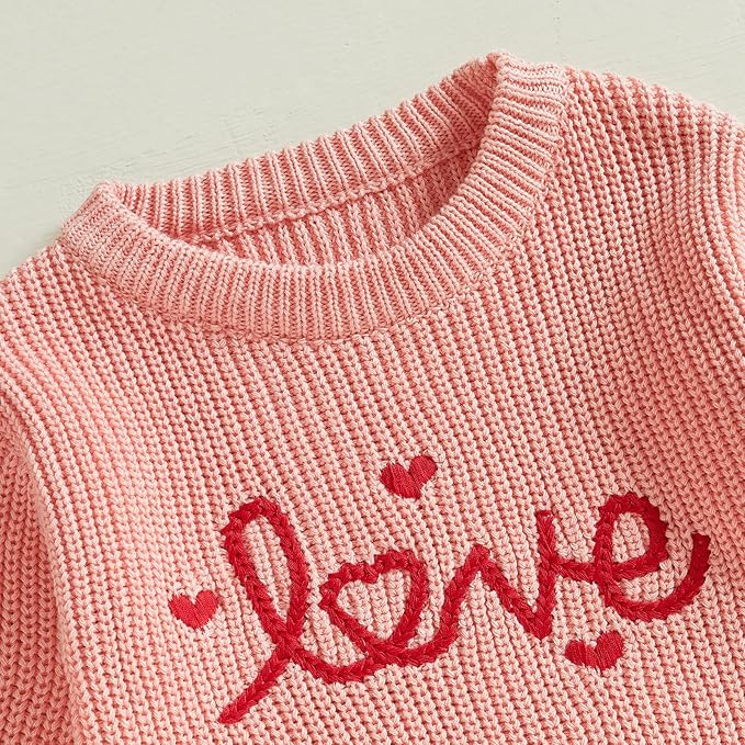Lesimsam Newborn Baby Boy Girl Valentines Day Outfit Oversized Embroidery Long Sleeve Knit Sweater Bubble Romper Bodysuit