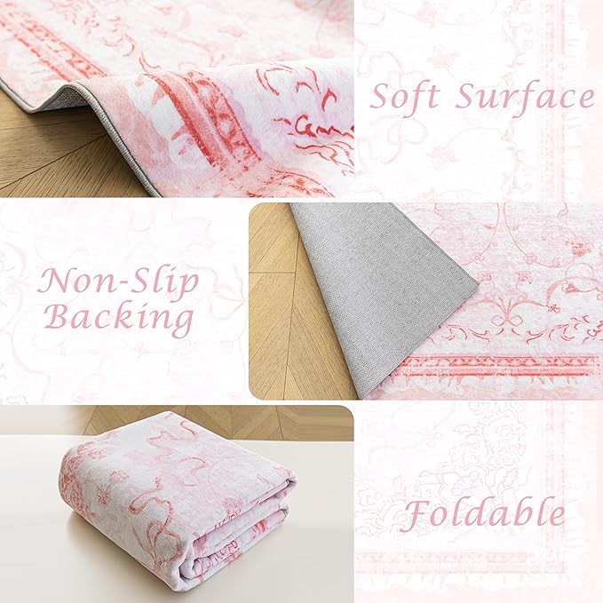 Pink Area Rugs 8x10 for Bedroom Playroom - Large Pastel Boho Classroom Rug,Washable Under Bed Bow Floral Cottagecore French Country Rug for Living Room Nursery,Cute Room Decor Aesthetic for Teen Girl