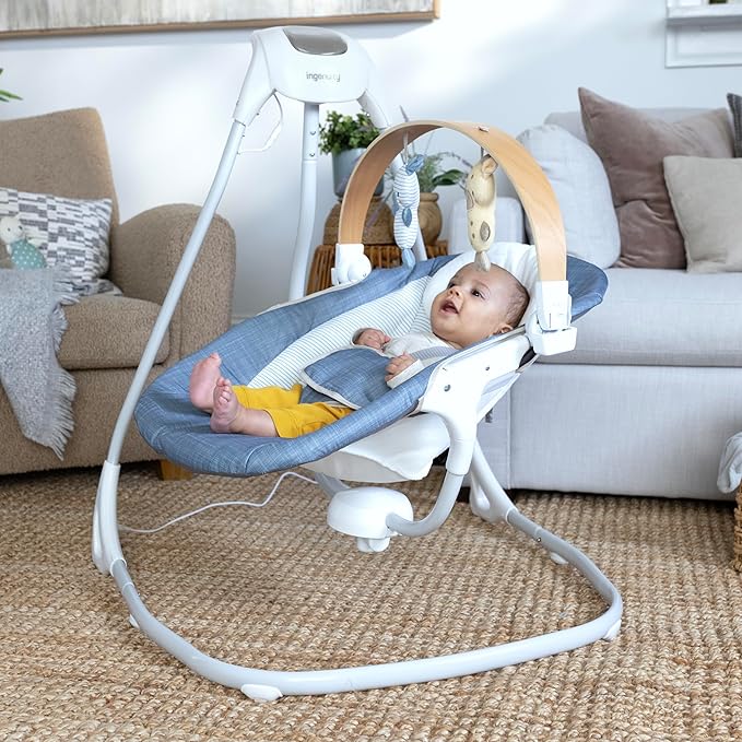 Ingenuity SimpleComfort Compact Baby Swing, Rotating Seat Swings in 3 Directions, 6 Speeds, 8 Melodies & 3 Nature Sounds, Ages 0-9 Months, Up to 20 Pounds - Chambray