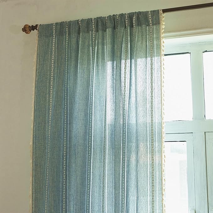 Deeprove Blue Boho Curtains 96 Inches Long for Bedroom Living Room Kitchen, Bohemian Chic Textured Embroidery, Vintage Handmade Tassels Farmhouse Decor Drapery, Rod Pocket, 1 Panel W52 x L96