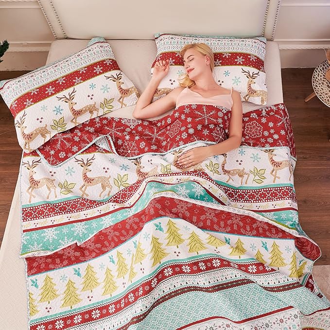 Christmas Bedding Set Twin Size Christmas Quilt Bedspread Xmas Bedding Reversible Christmas Quilt Coverlet Rustic Lodge Deer Snowflake Bedding Cabin Home Holiday Decor Xmas Quilt
