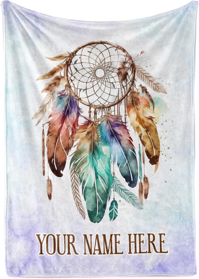 Personalized Dream Catcher Blanket with Colorful Boho Feather Graphic, Cute Custom Name Throw for Kids or Adults, Soft and Plush, Birthday Gift for Women or Men, Big Colorful (Sherpa 60x80)