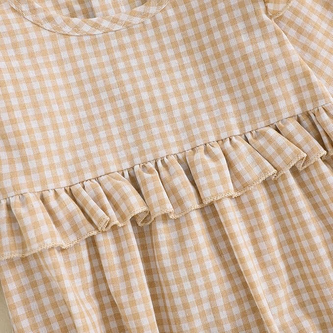 Karuedoo Newborn Baby Girl Clothes Gingham Plaid Bubble Romper Long Sleeve Ruffle Bodysuit with Headband Spring Fall Outfit