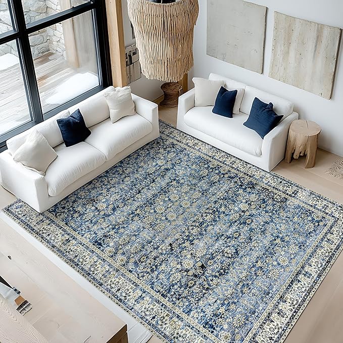 Blue Rug for Bedroom Neutral Boho Farmhouse Floral Washable Soft Faux Wool No Slip Area Rugs for Living Room Home Office,5x8