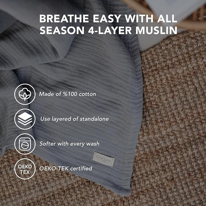 Goqan Throw Blanket 55x60 – 100% Cotton 4 Layer Boho Muslin Blanket for Adults, Lightweight, Soft, Breathable for Bed, Couch, Picnic - Light Grey