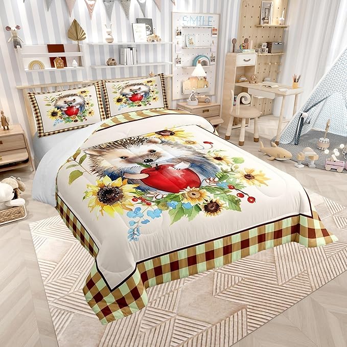 Castle Fairy Autumn Harvest Thanksgiving Bed Comforter Set Queen Size,Cartoon Hedgehog Super Soft Microfiber Bedding Set for Adults Teens,Fall Sunflower Leaves Comforter Set,2 Pillowcases