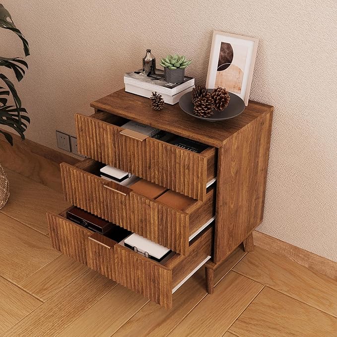 Fluted 3 Drawer Dressers, Modern Closet Dressers Chest of Drawers, Wood Storage Dresser Chest of Drawers Organizer for Bedroom Living Room Hallway Closet, Walnut, 2 Sets