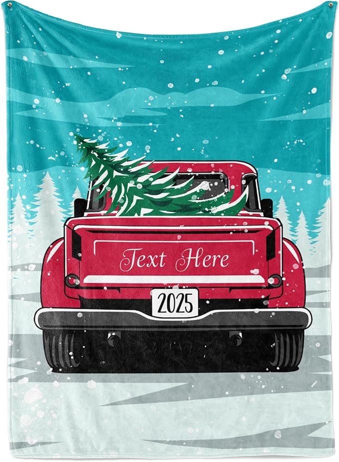 Christmas Blanket, Vintage Red Truck and Tree - Ships Next Day, Printed in USA - Warm Fleece or Sherpa Sofa Throw, Cute Holiday Décor - Customizable Throws (Fleece 50x60)