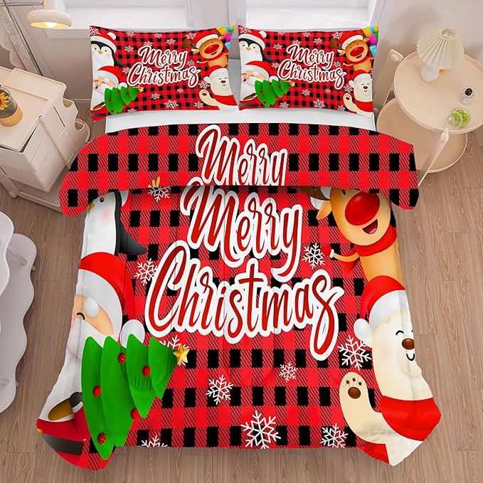 Christmas Bedding Sets Twin Size Snowflake Plaid Comforter Set for Kids Girls Bedroom Santa Claus Gift Xmas Festival Quilt Set,1 Comforter + 1 Pillow Case