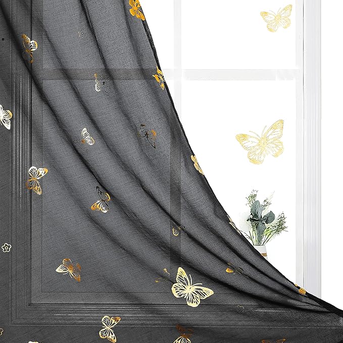 Jubilantex Black and Gold Butterfly Sheer Curtain Panels 52 Inches Wide for Kids Girls Bedroom, Elegant Gold Print Voile Rod Pocket Curtains, 63 Inch Long, Set of 2