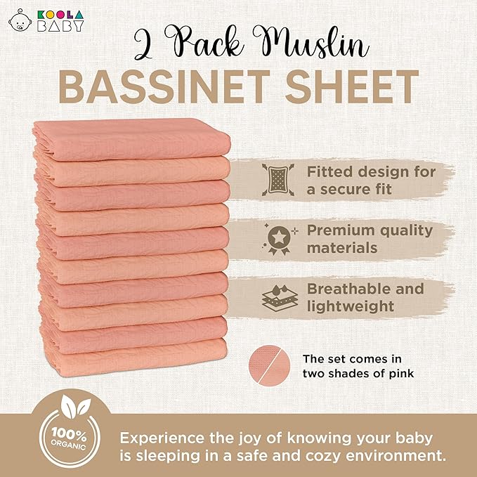 Bassinet Fitted Sheets - Compatible with 4moms MamaRoo Sleep Bassinet | 100% Organic Muslin Cotton - Light Pink + Dark Pink | 30x18 (2 Pack)