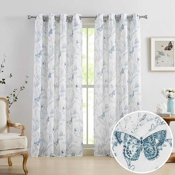 Jubilantex Butterfly Leaf Semi Sheer Curtains 95" L Curtain Panels for Kids Bedroom,Blue Print on White Light Filtering Window Drapes,Grommet Top