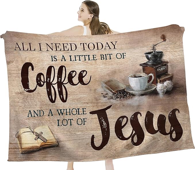 Christian Coffee Jesus & Coffee Throw Blanket - Religious Gift for Women, Men, Kids & Adults - Soft, Warm, Cozy Fleece Blanket for Couch, Sofa, Bed - 60"x50"